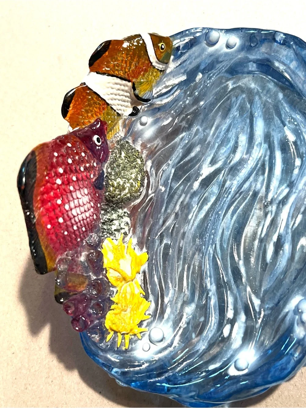 Vtg 3D Acrylic Ocean Sea Life Coral Reef Tropical Fish Waves Soap/Trinket Dish